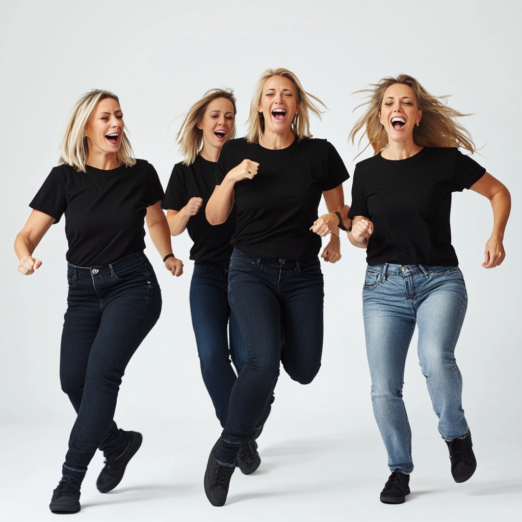 Four women dancing in funny full-monty style line.