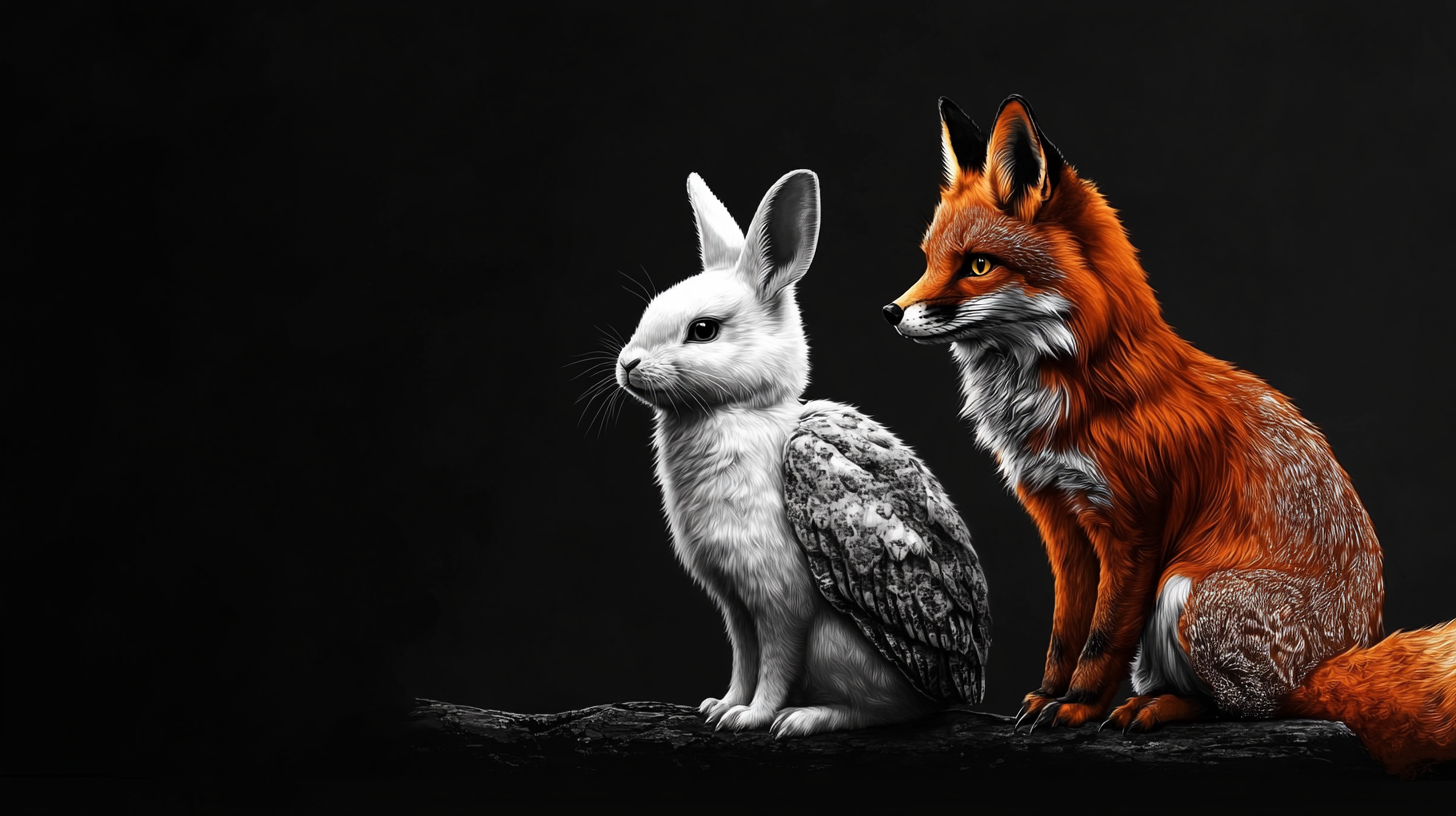 Fox, owl, rabbit in black and white cartoon.