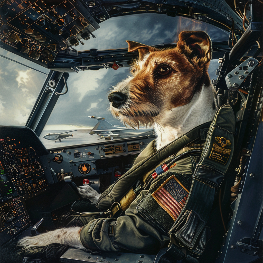 Fox Terrier dog joining U.S. Air Force, in cockpit.