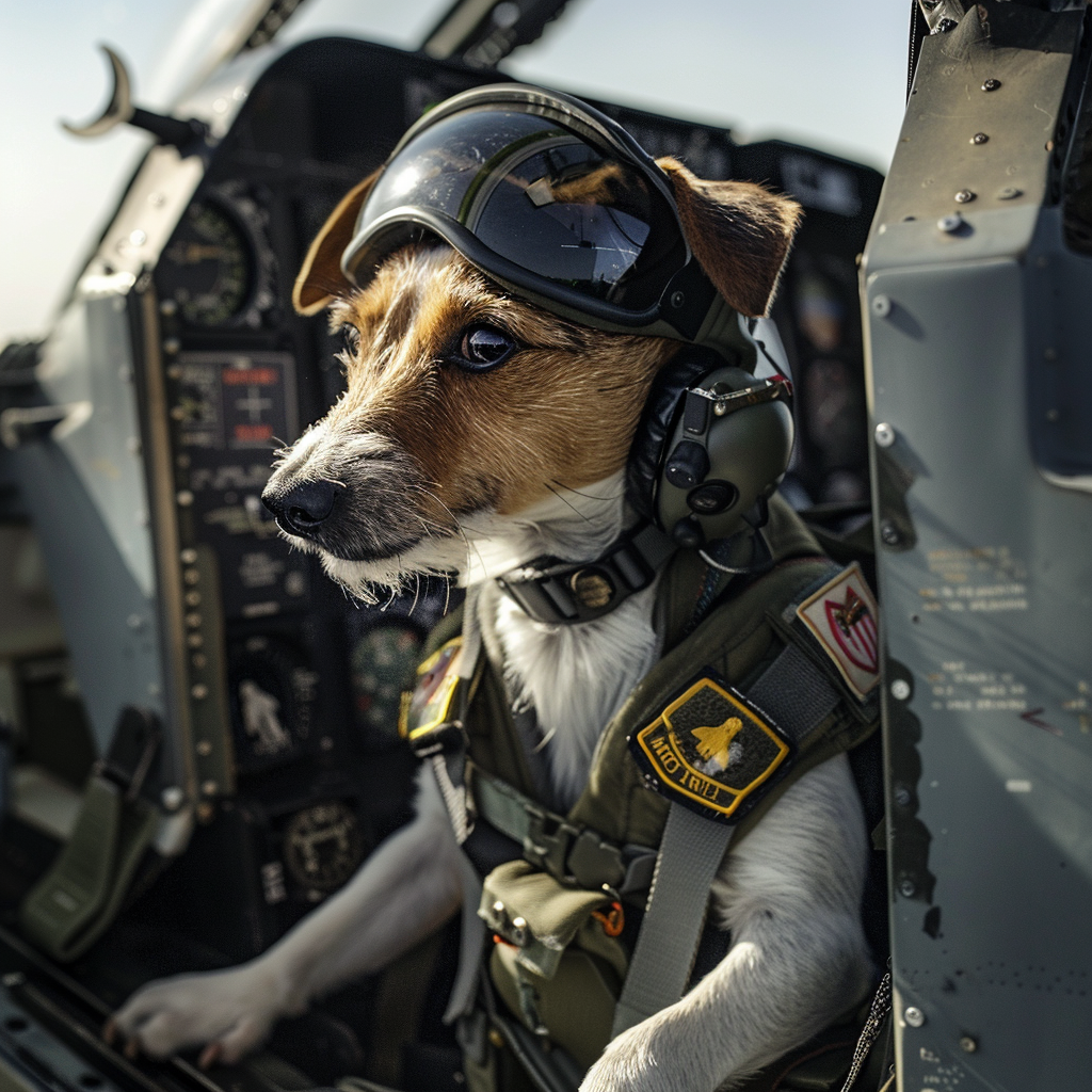 Fox Terrier puppy in Air Force pilot uniform in cockpit.