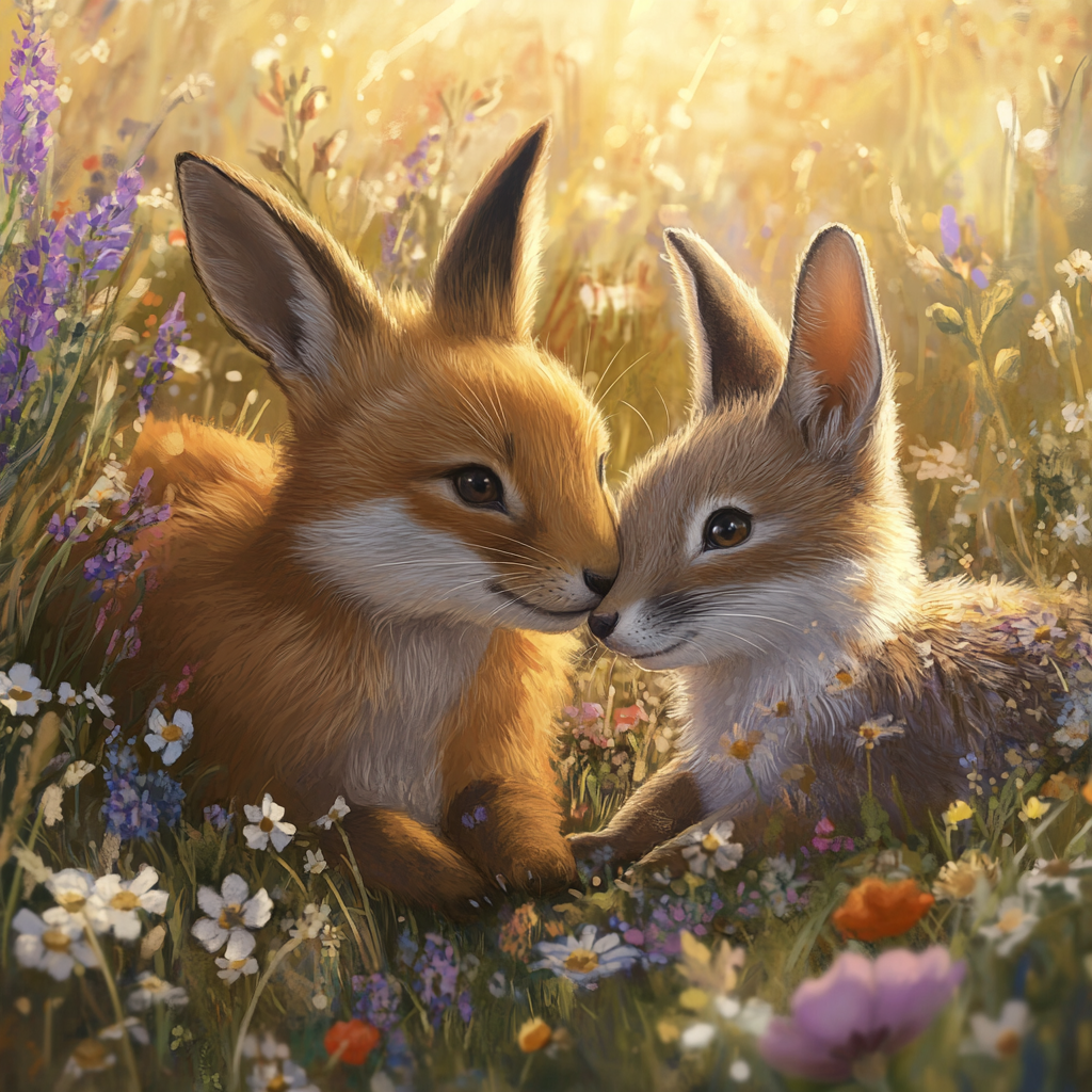 Fox and Rabbit: Peaceful Meadow Friendship