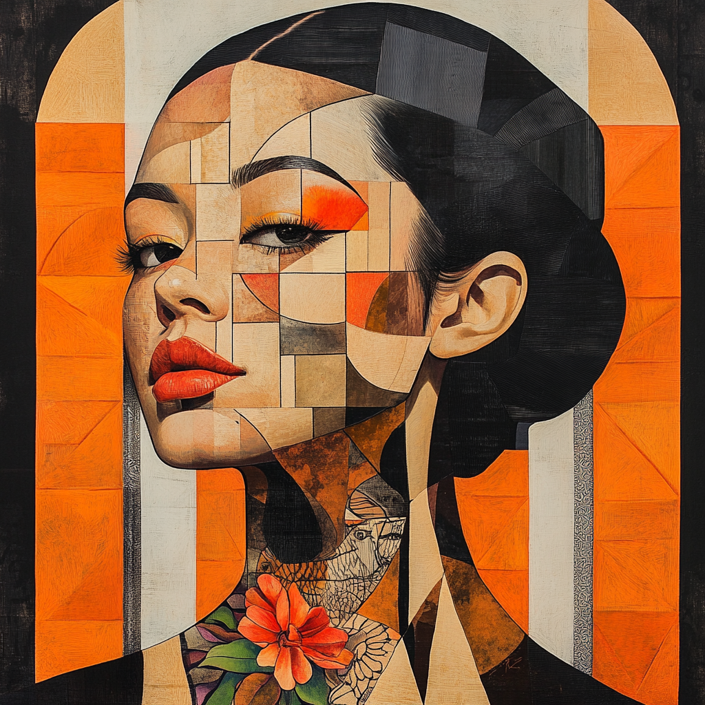 Fragmented Asian Woman: Bold Geometric Cubist Portrait