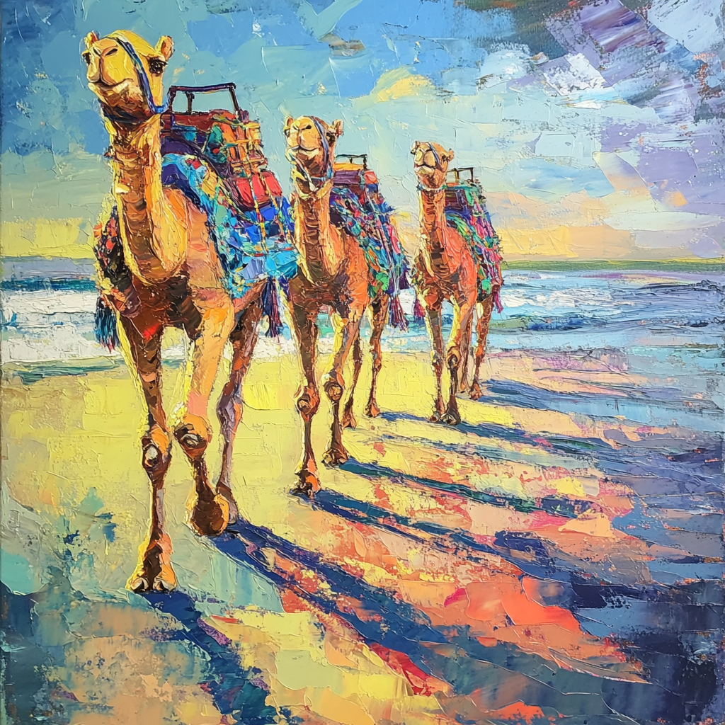 Fragmented camels walking in a row on beach.