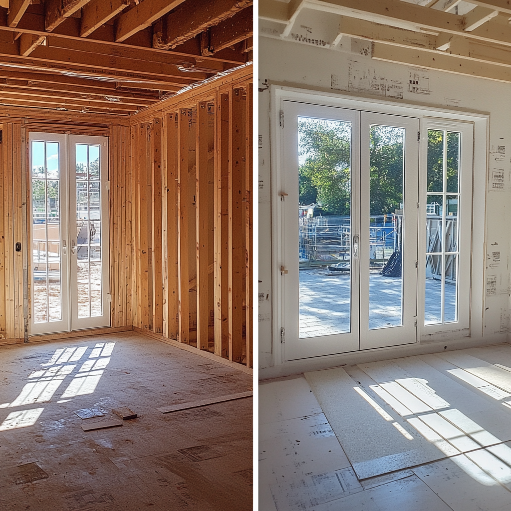 Frame construction site, complete walls with windows and doors.