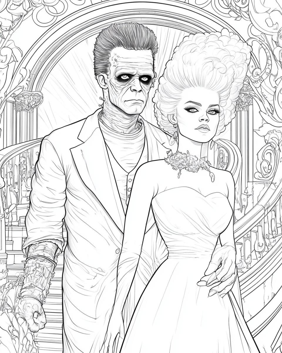 Frankenstein and Bride in classic comic book style.