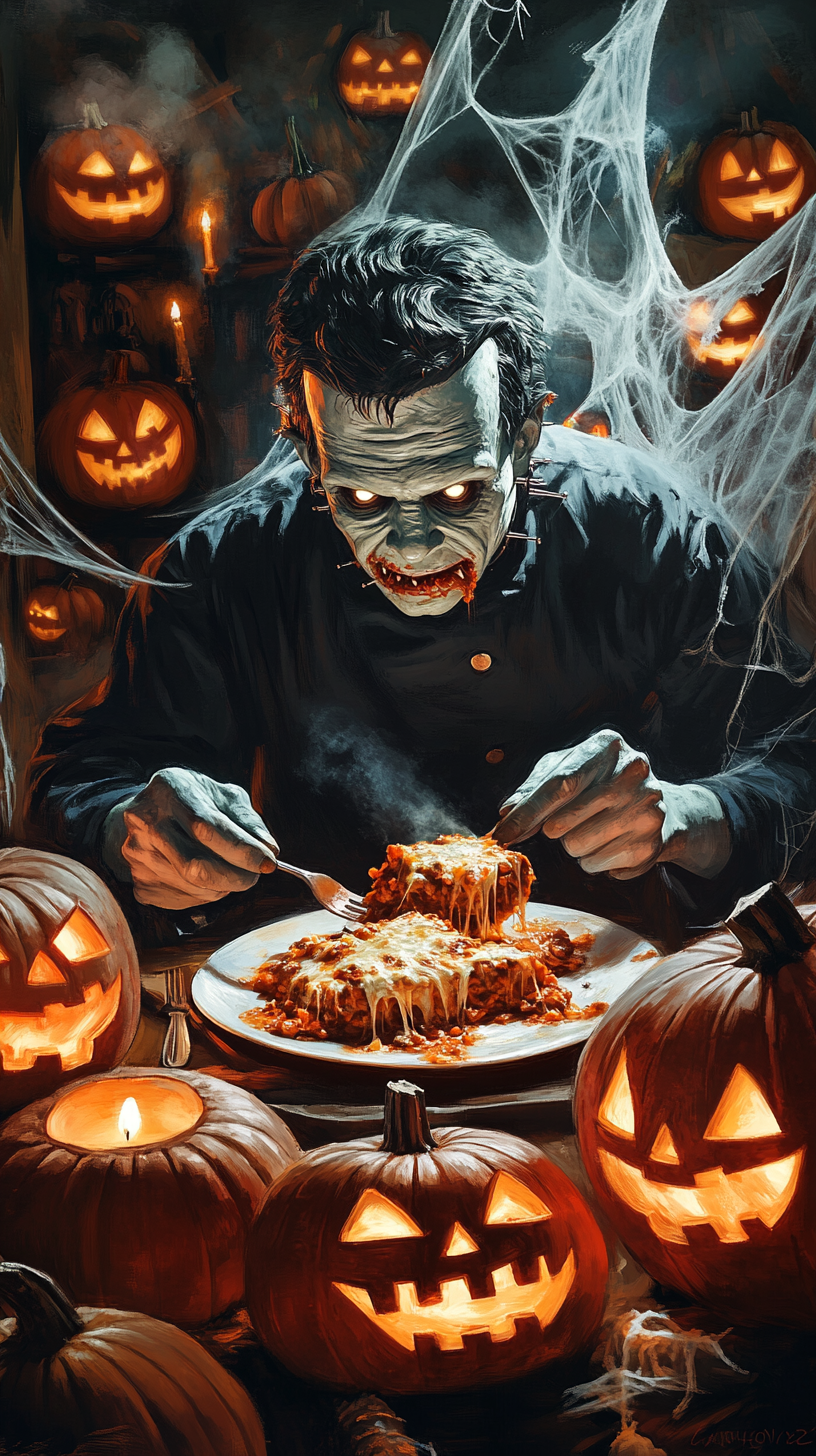 Frankenstein eating lasagna amidst Halloween decorations