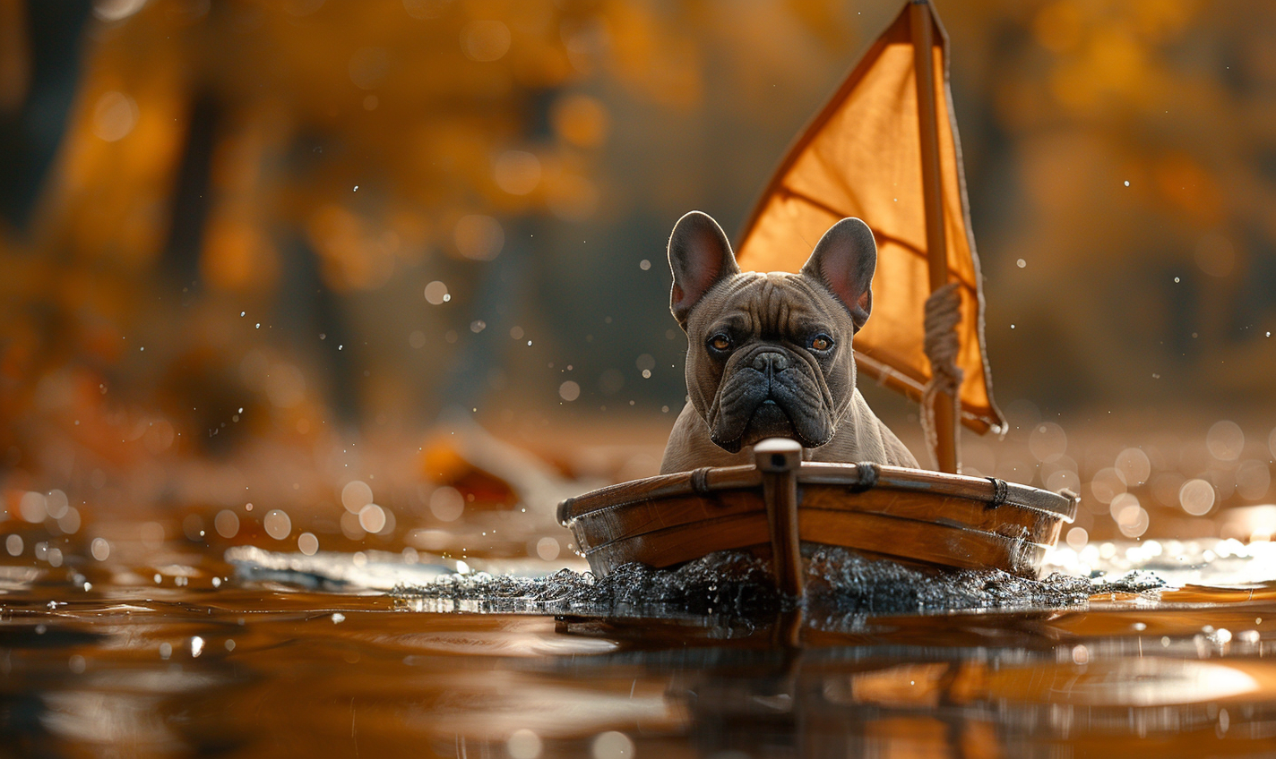 French Bulldog in sailboat, autumn backdrop, serious expression.