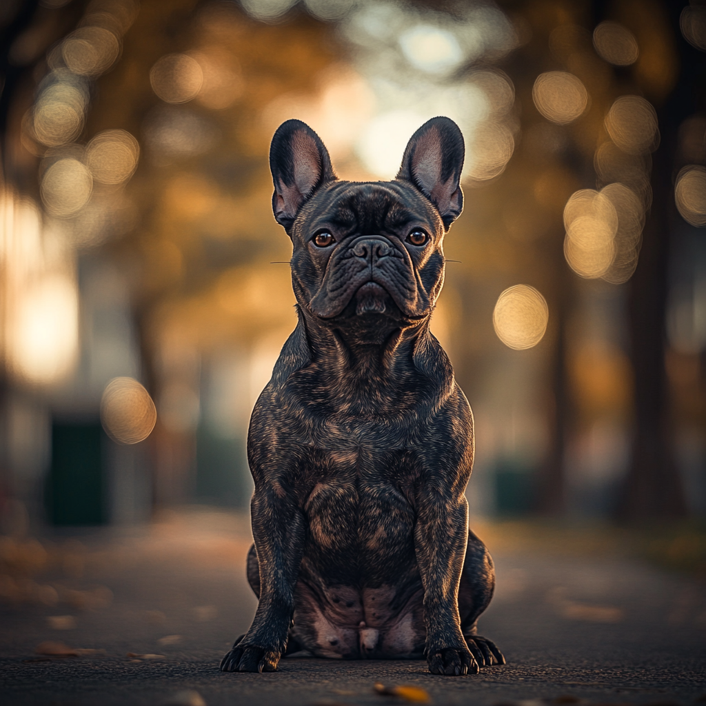 French Bulldog portrait in urban park with detailed textures.