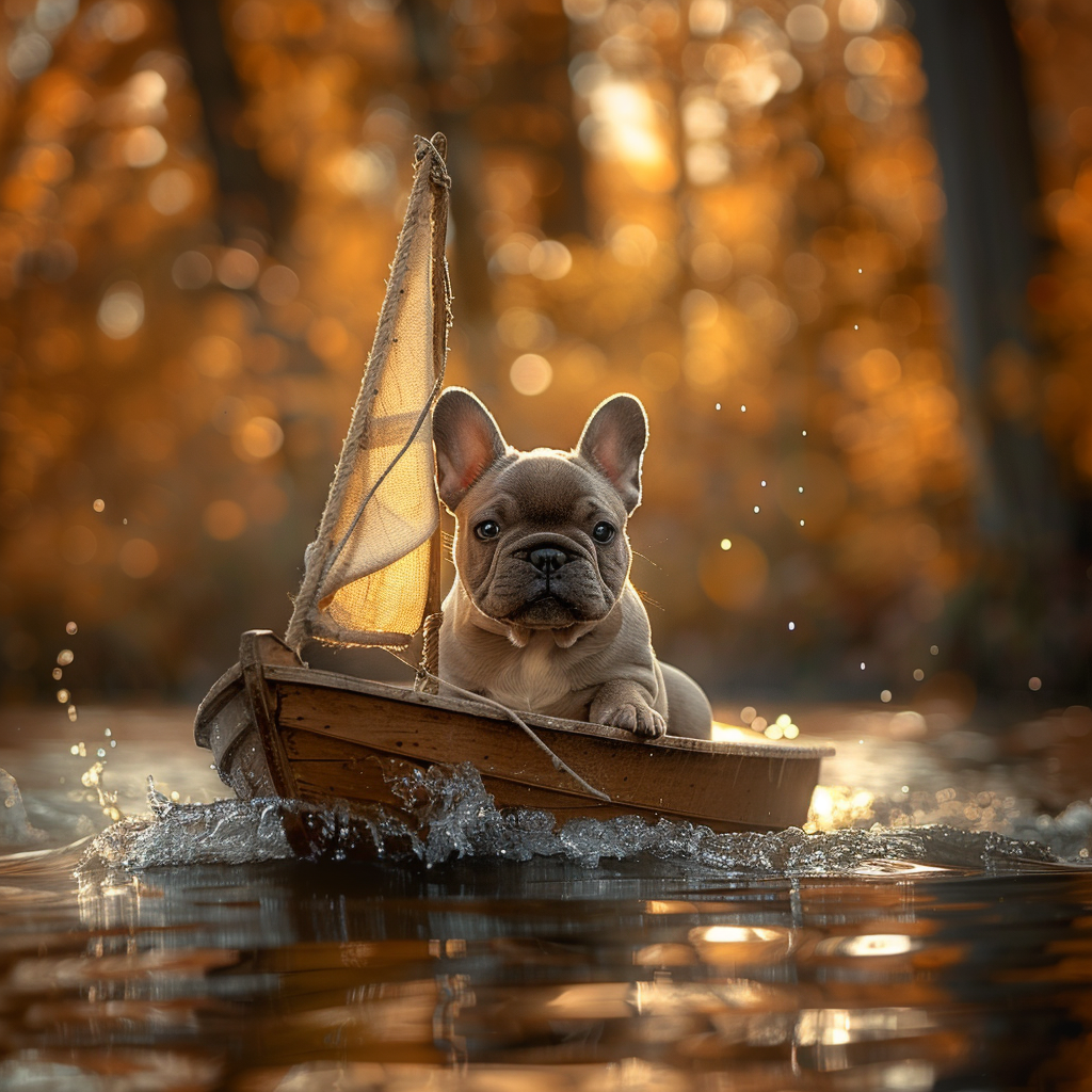 French Bulldog sailing in wooden boat on calm water.