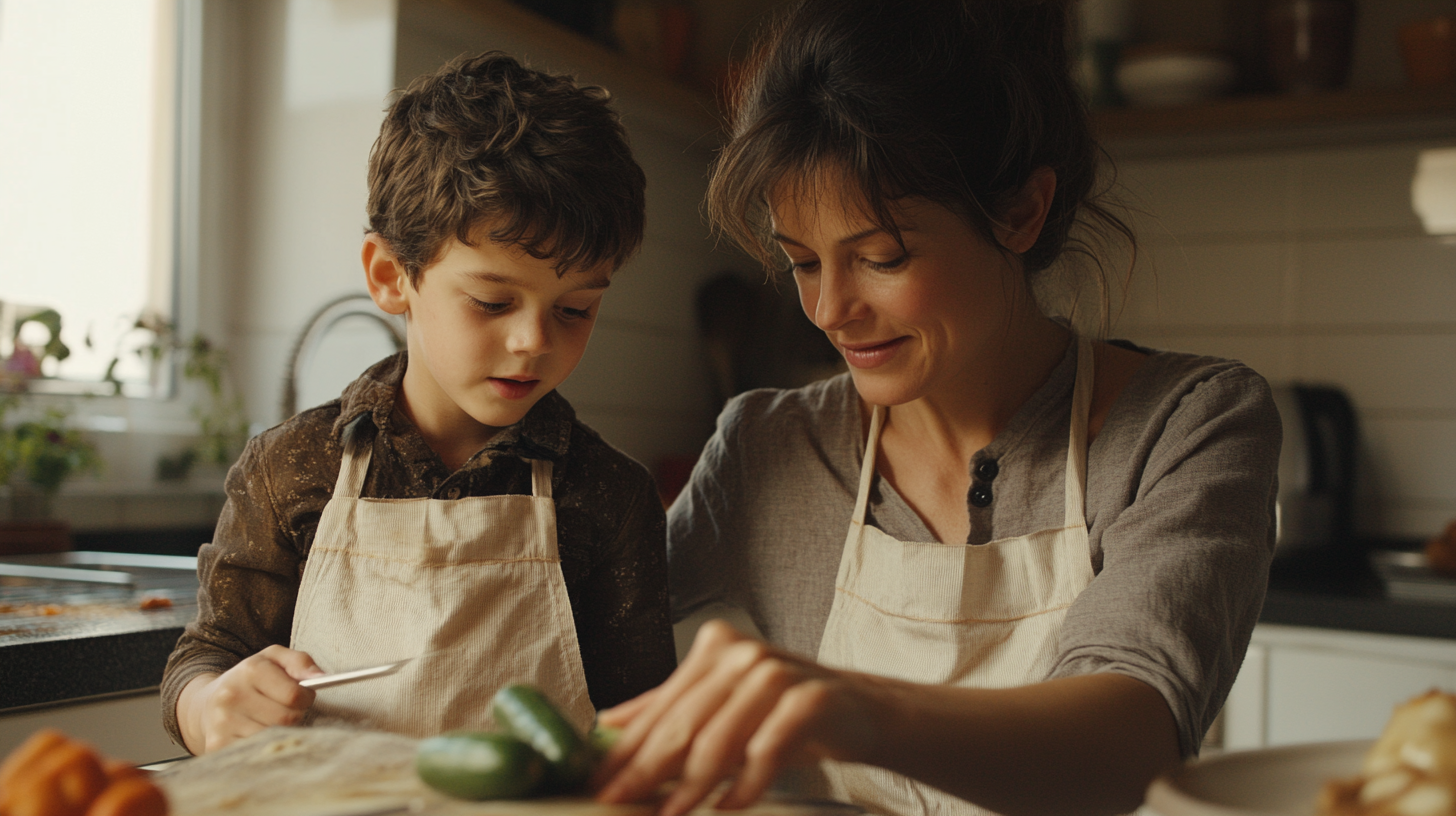 French Mother and Son Cooking Together in Kitchen