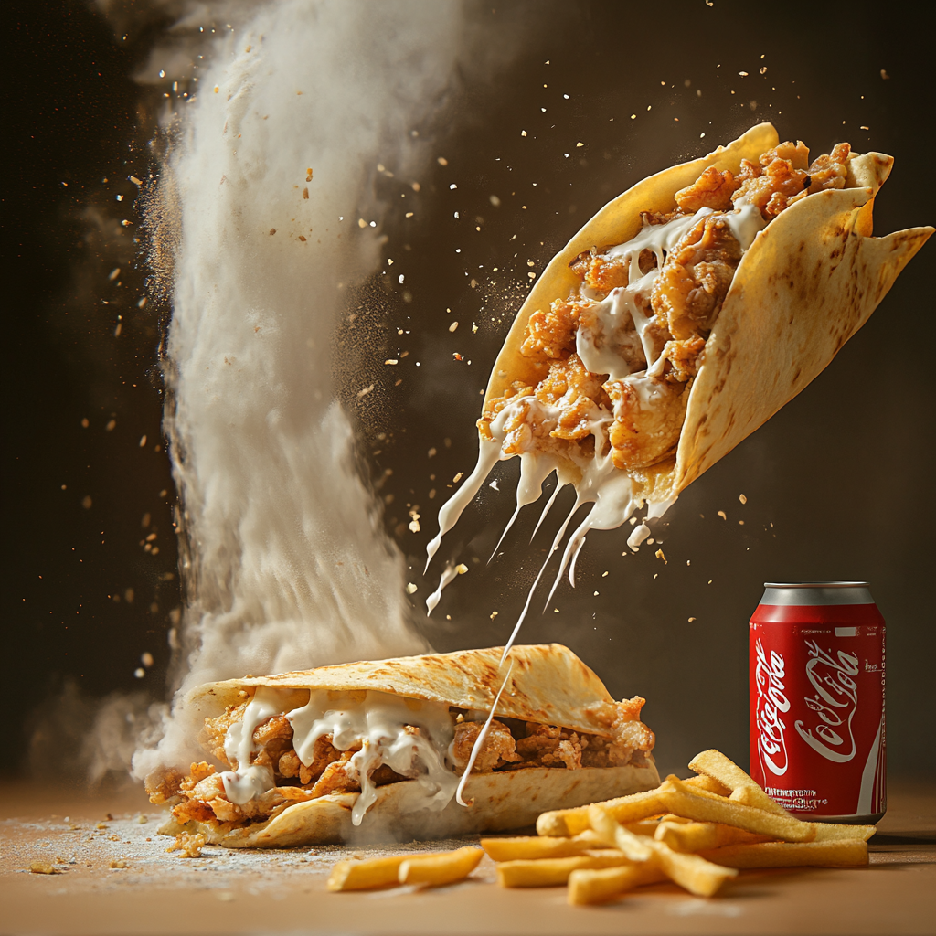 French Tacos Galette armeniane with chicken, fries, cheese sauce.