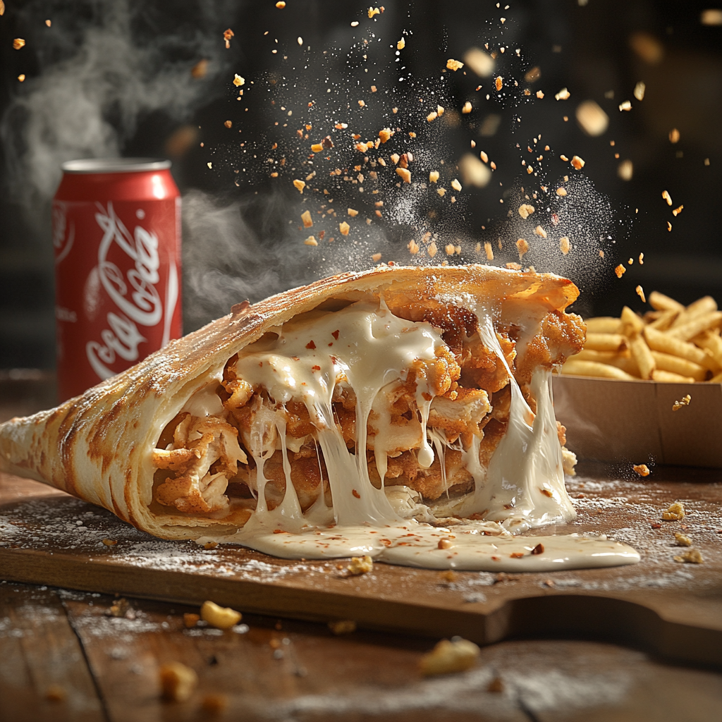 French Tacos Galette with chicken, fries, cheese sauce, ketchup, coke.