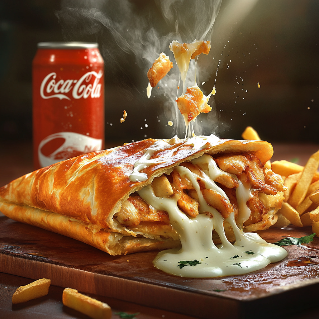 French Tacos Galette with chicken, fries, cheese sauce advertisement.