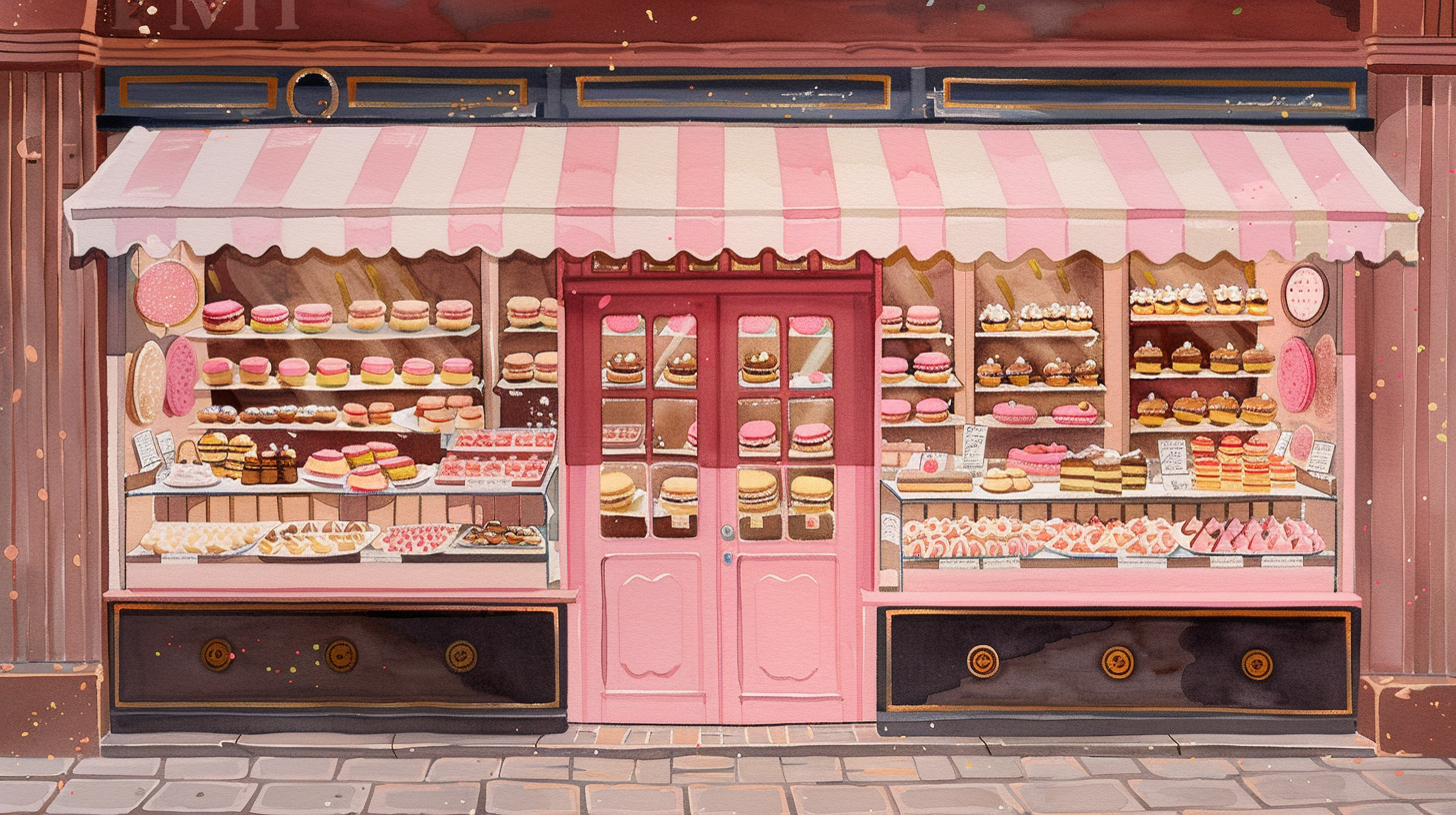 French bakery painting with sweets, cozy atmosphere, HD quality.