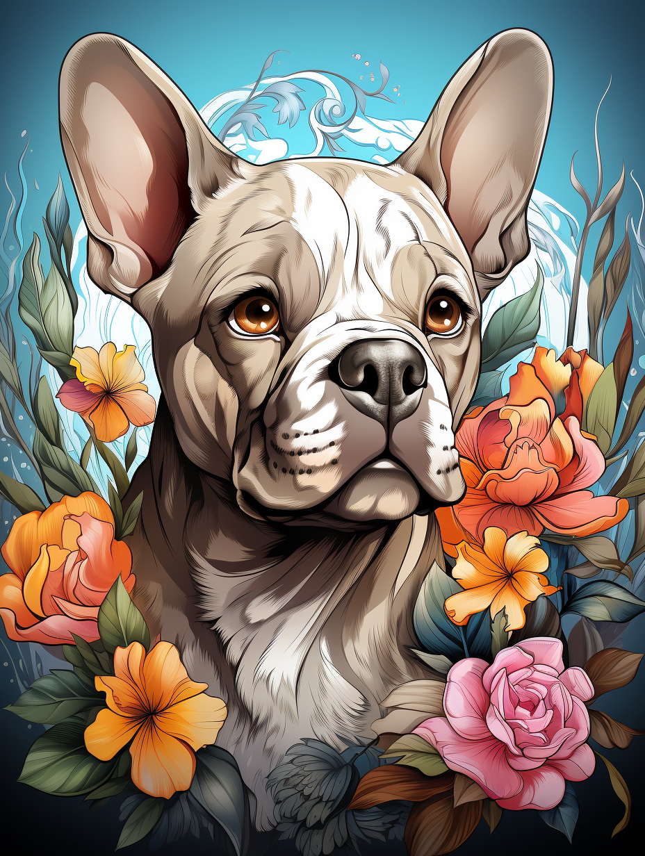 French bulldog with big eyes, black and white illustration.