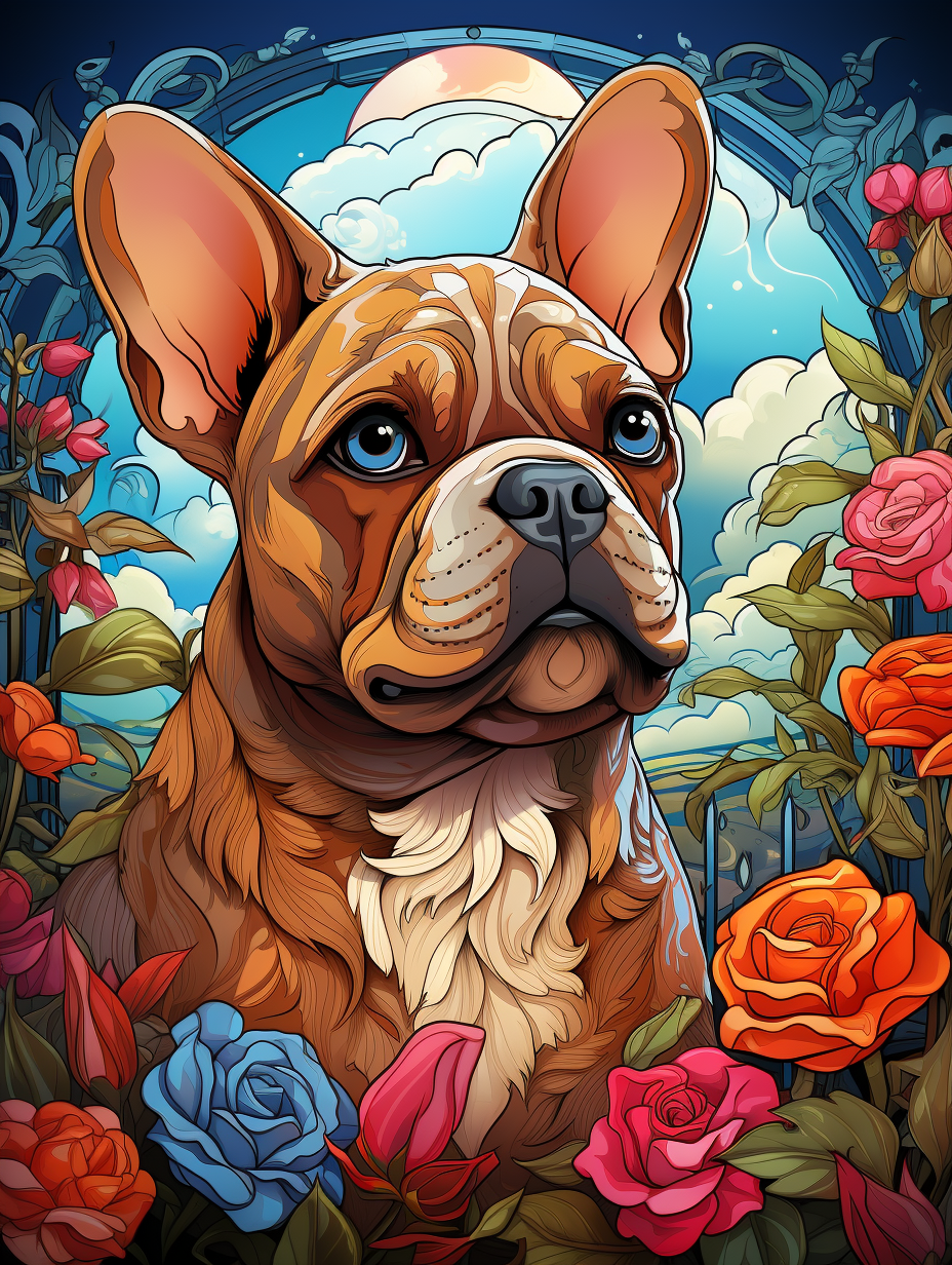 French bulldog with expressive eyes in doodle art style.