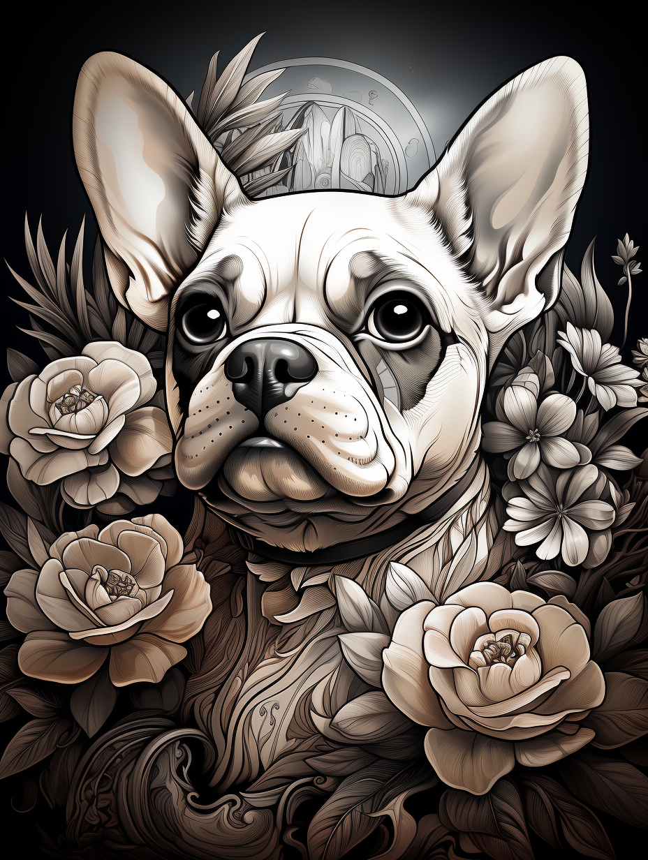 French bulldog with expressive eyes in intricate doodle style.