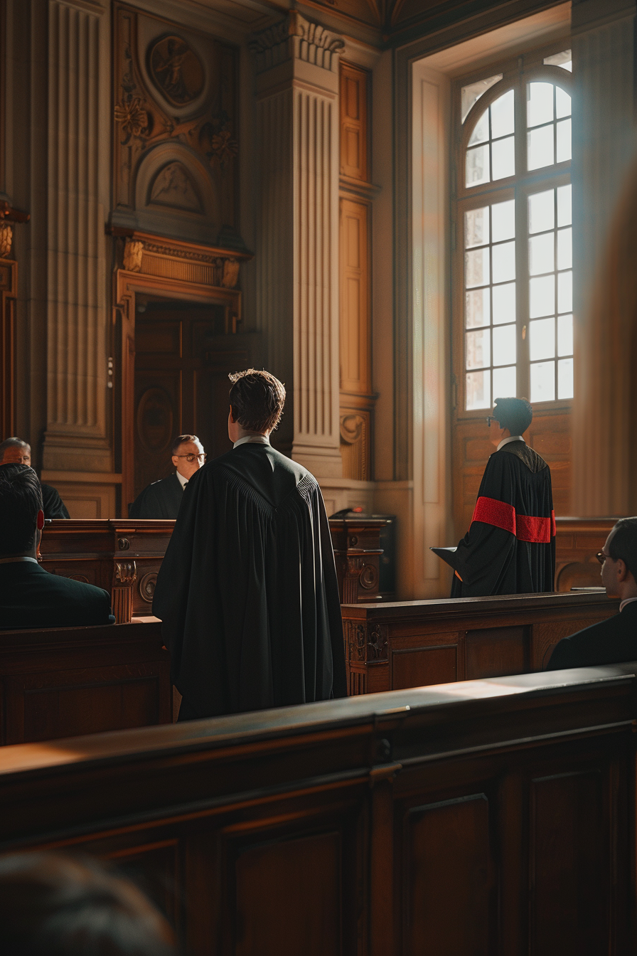 French courtroom with educator speaking, judges, lawyers, prosecutor.