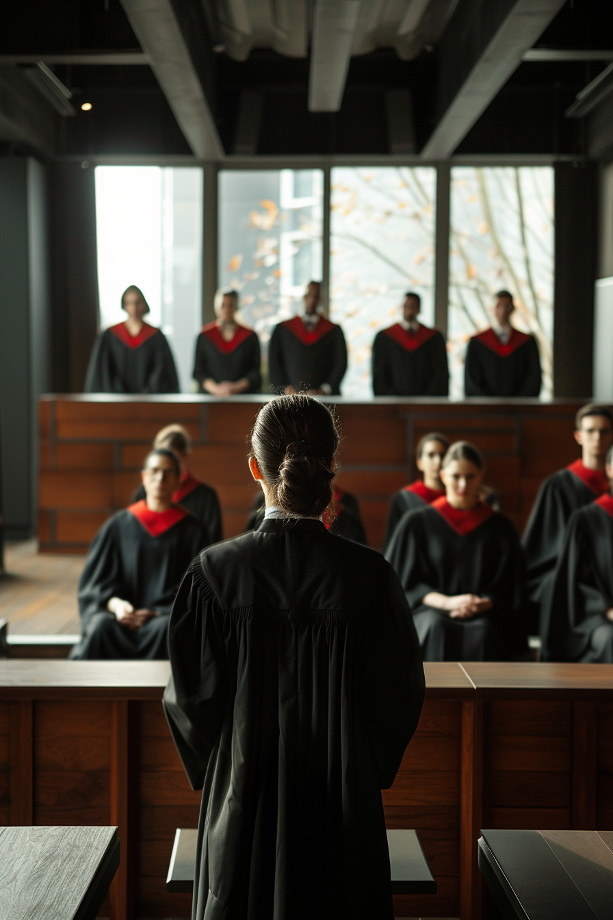 French courtroom with educators, judges, lawyers, prosecutor attentive.