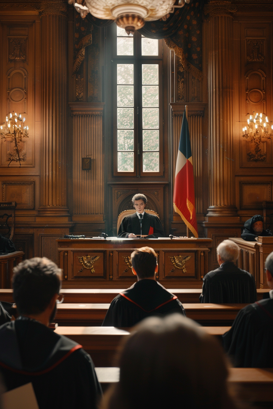 French courtroom with judges, lawyers, traditional decor, lighting.