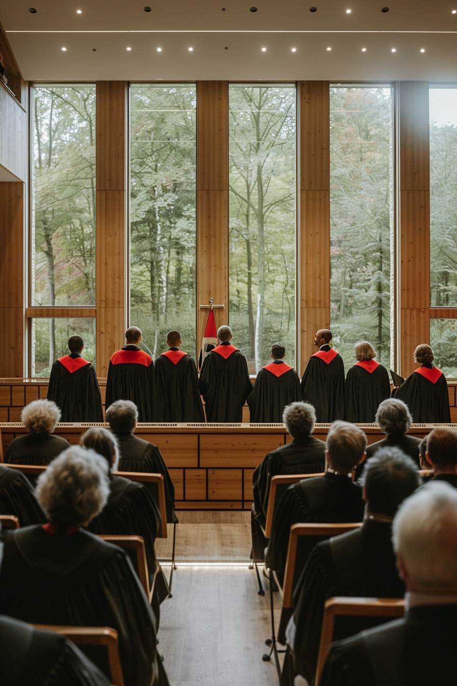 French courtroom with traditional decor, legal professionals present.