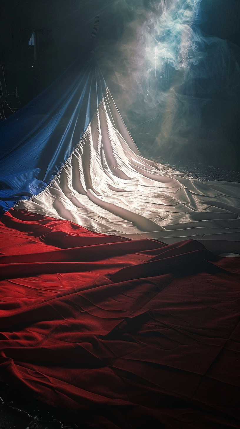 French flag illuminated by projector, vibrant and cinematic lighting.