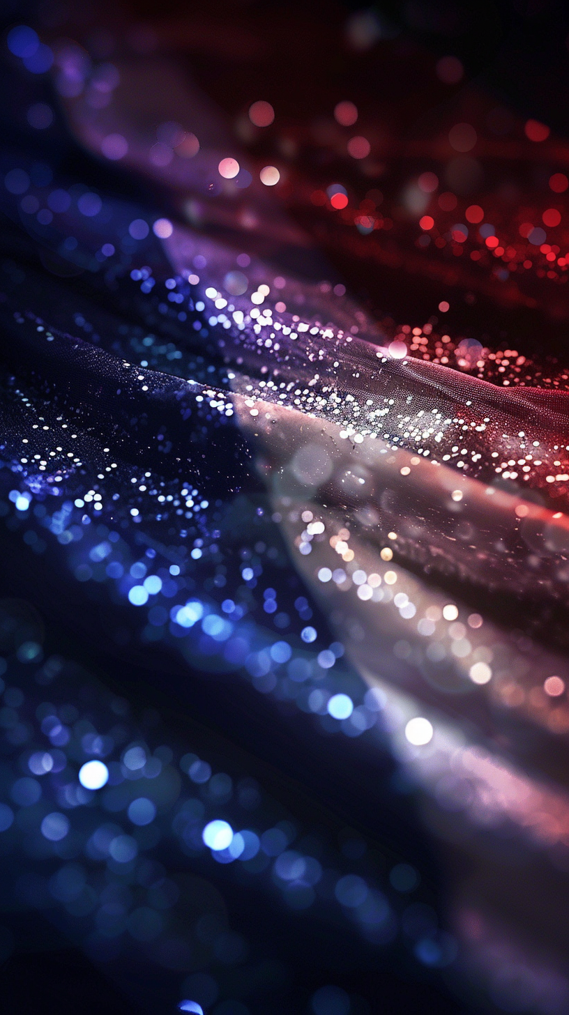 French flag illuminated by projector with glitter, realistic lighting.