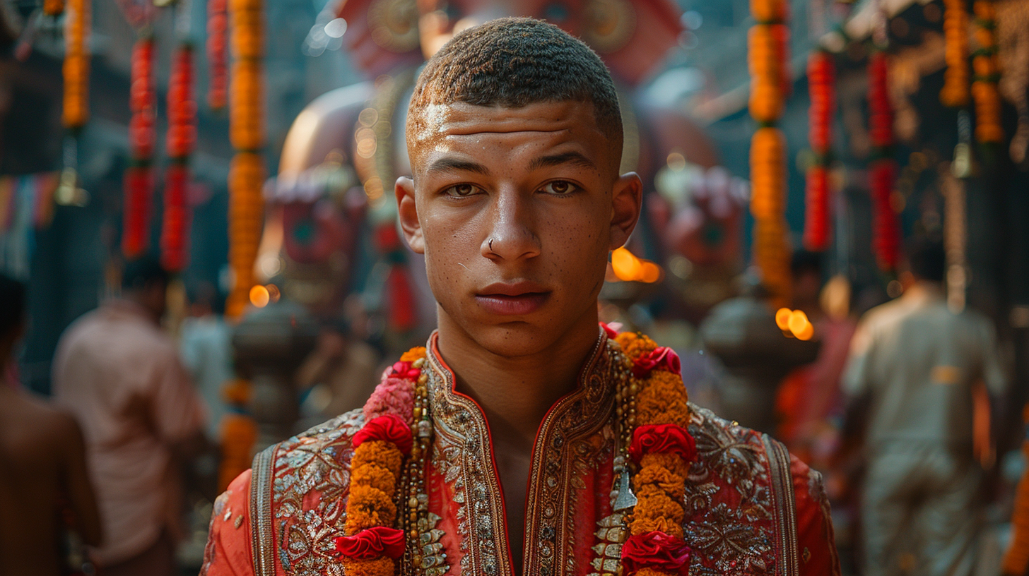 French football player in India, wearing traditional attire.