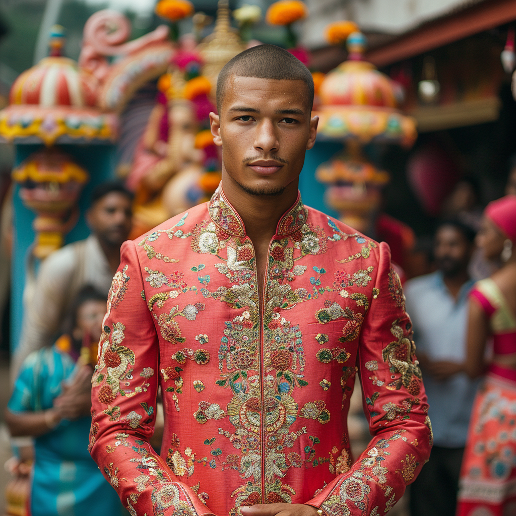 French football player in red sherwani at Indian festival.