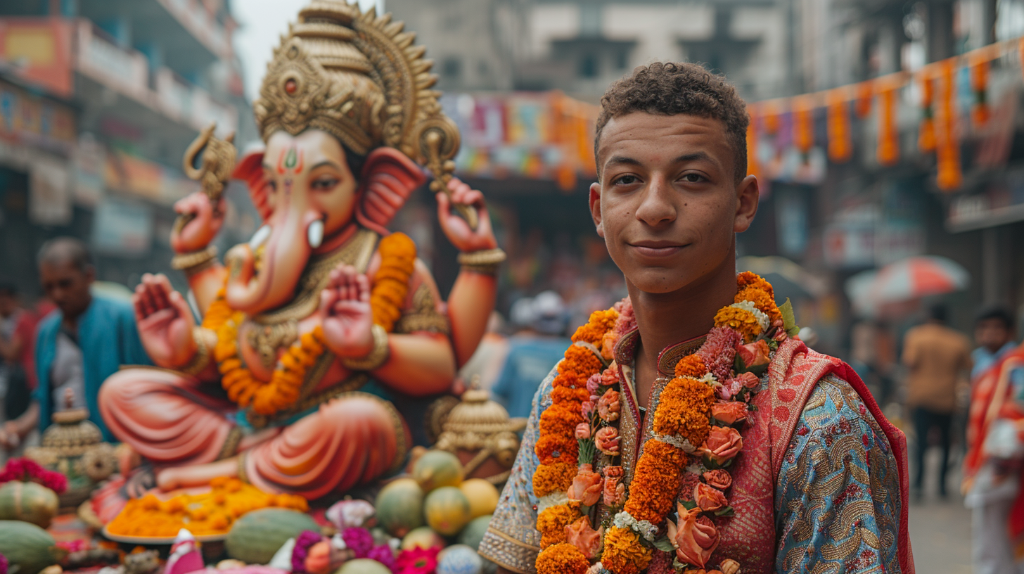 French footballer, Kylian Mbappé, in Indian sherwani, smiling.