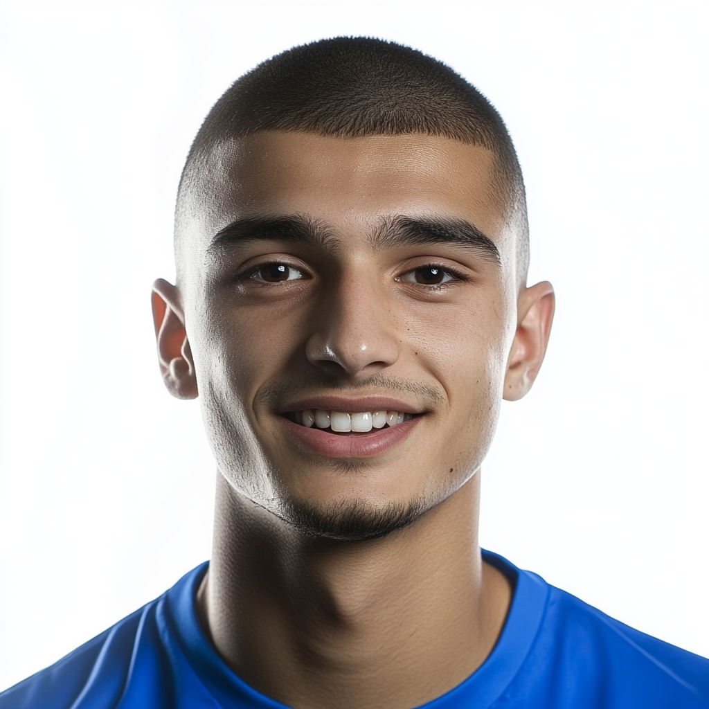 French footballer in blue shirt, smiling, short dark hair.