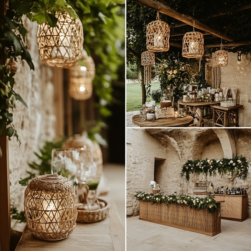 French garden wedding with tropical island theme