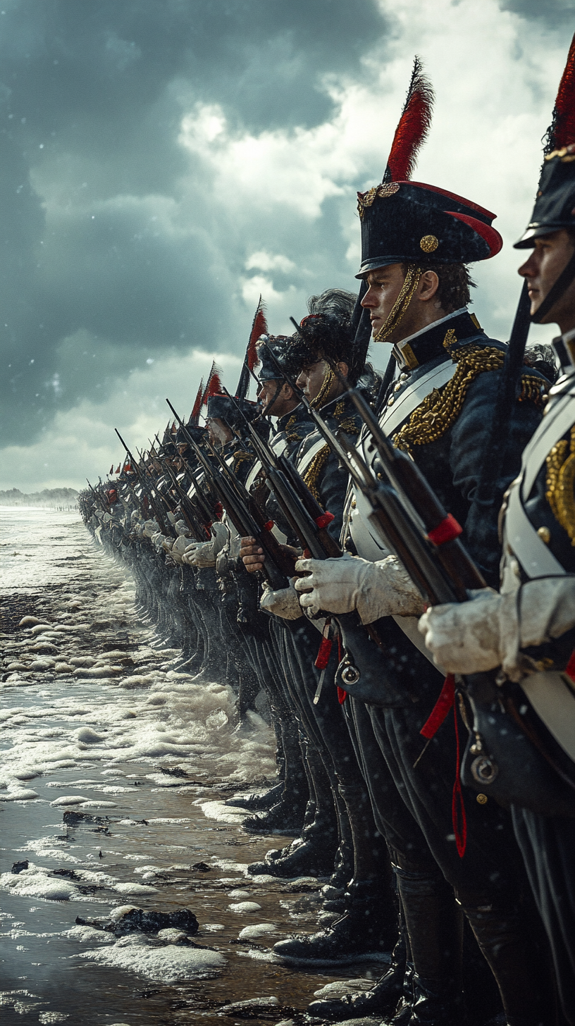 French soldiers donning uniforms with bayonets under stormy skies.