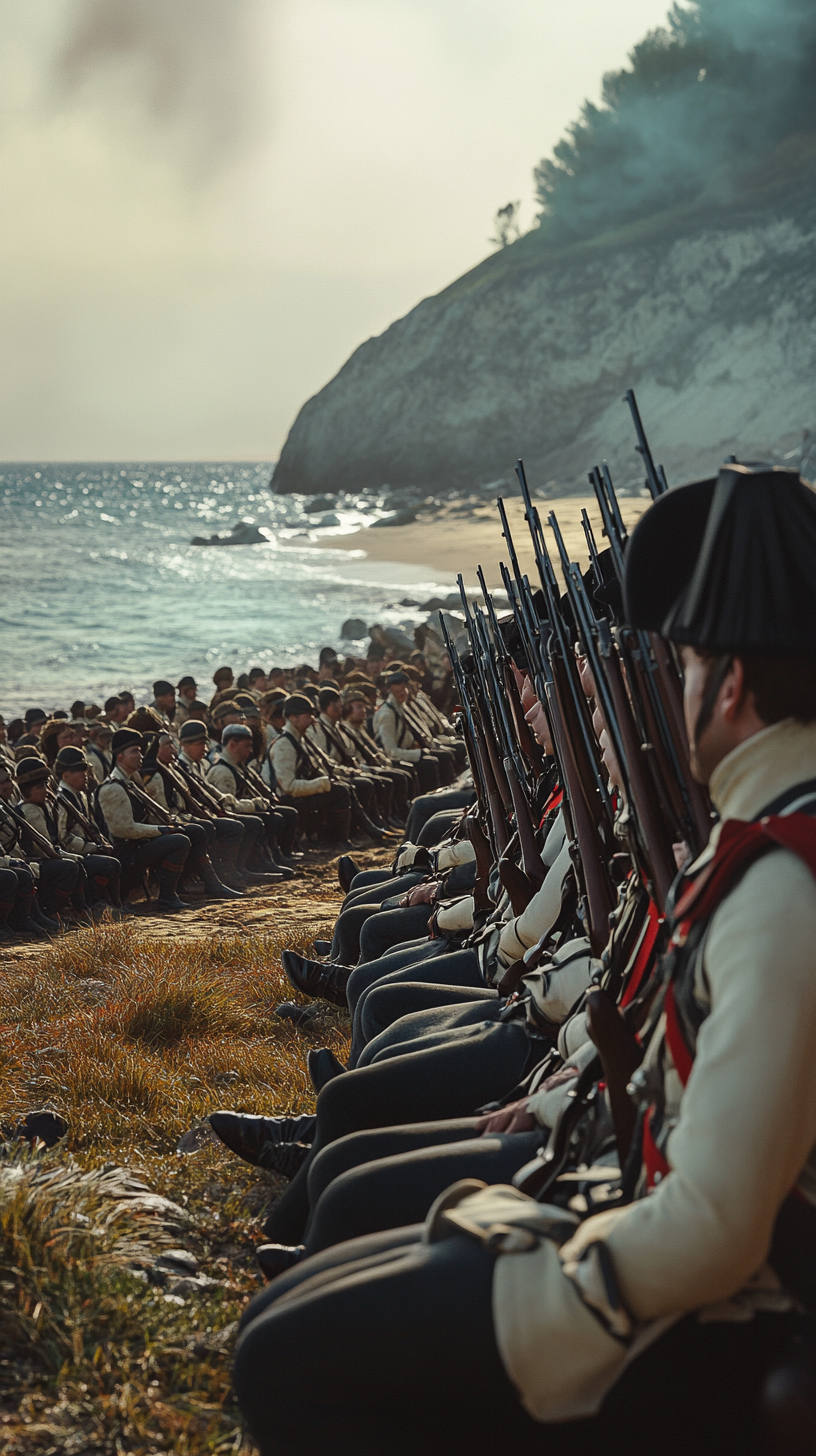 French soldiers executing prisoners on beach in 1799.