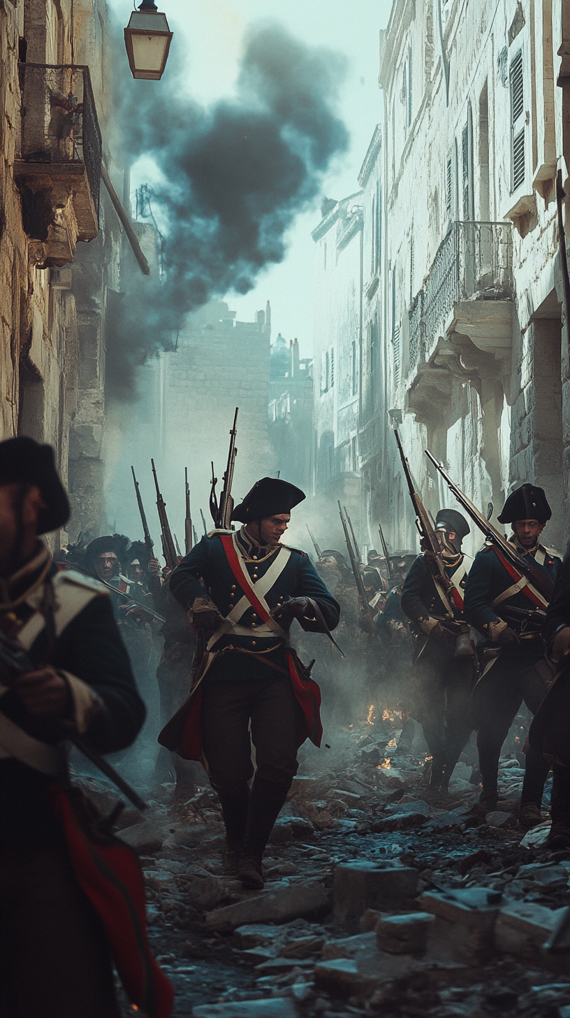 French soldiers storming Jaffa streets with weapons drawn.