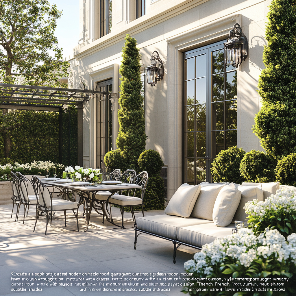 French-style roof garden with elegant outdoor furniture and lighting.