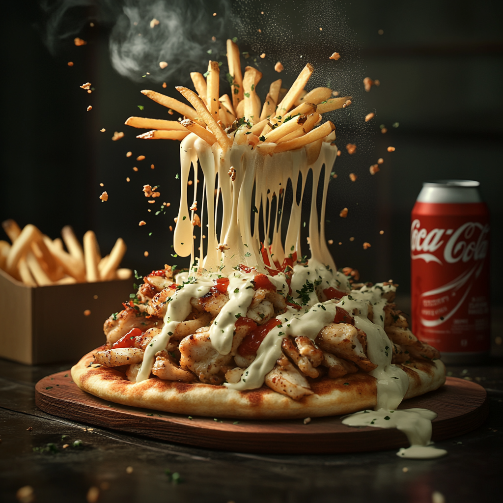 French tacos galette with chicken, fries, and white sauce. French fries, ketchup, Coca-Cola in artistic advertising design.