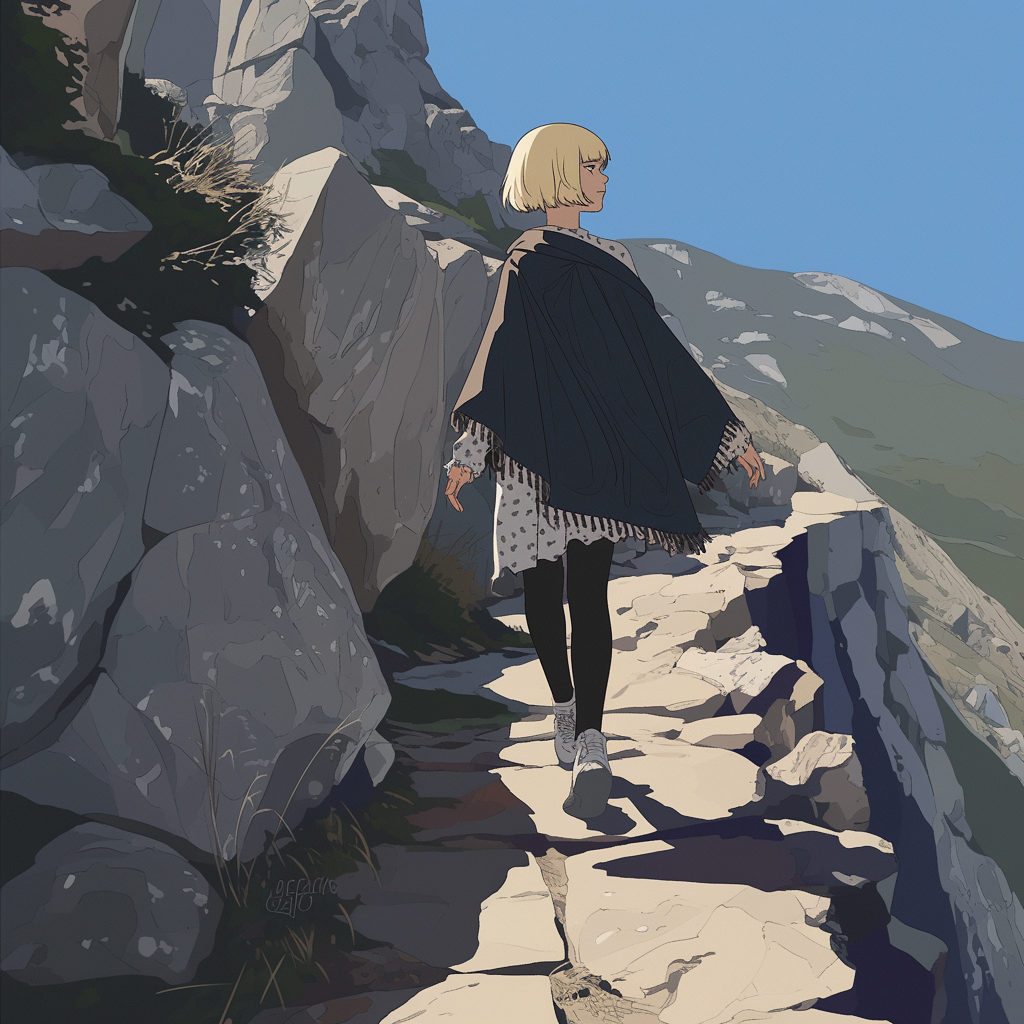 French woman in bob haircut, poncho, on mountain path.