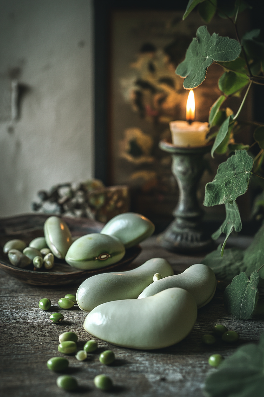 Fresh Broad Beans on Table with Decorations