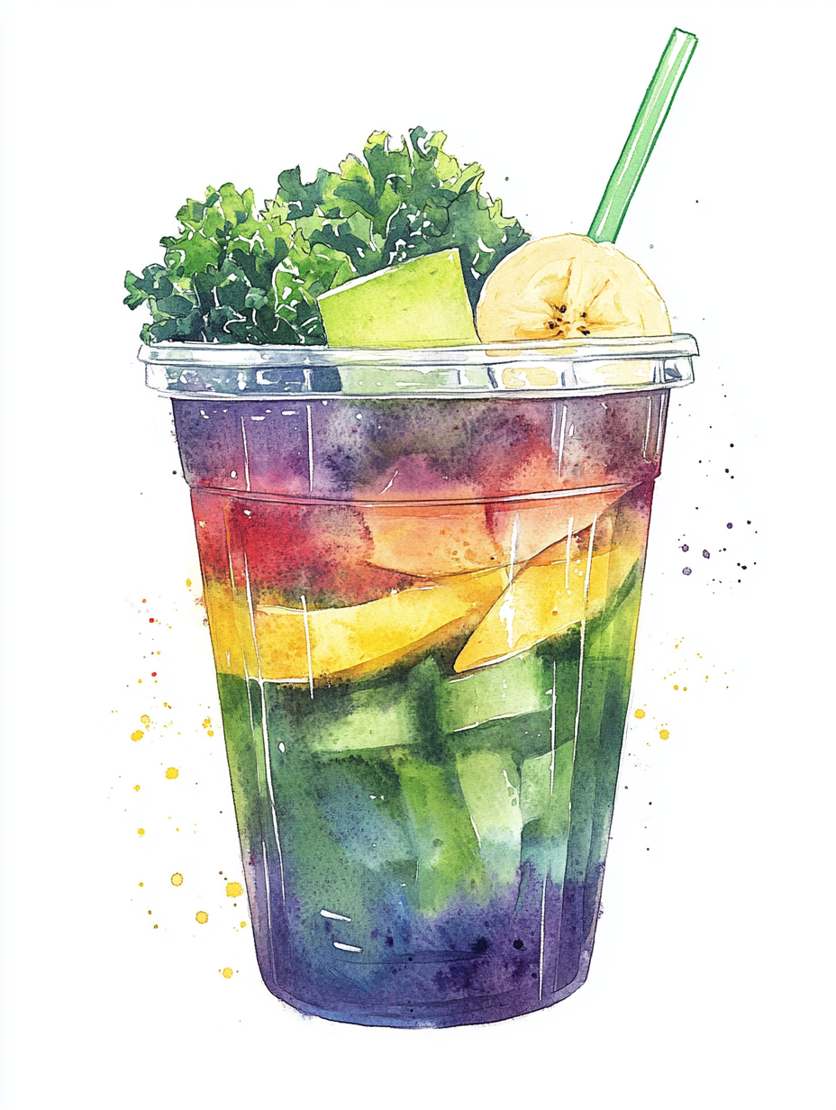 Fresh Juice with Avocado, Kale, Banana in Watercolour