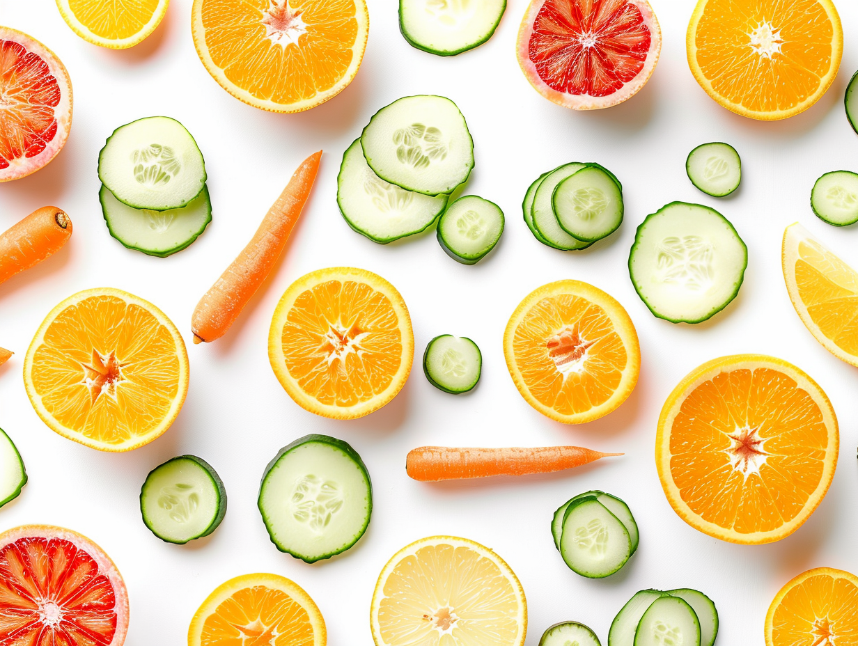 Fresh Sliced Fruits and Vegetables on White Background