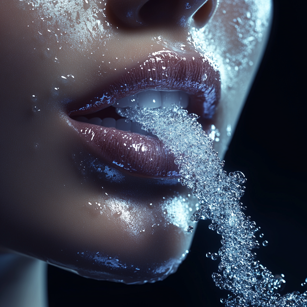 Fresh breath illustrated by young woman's icy mist mouth.