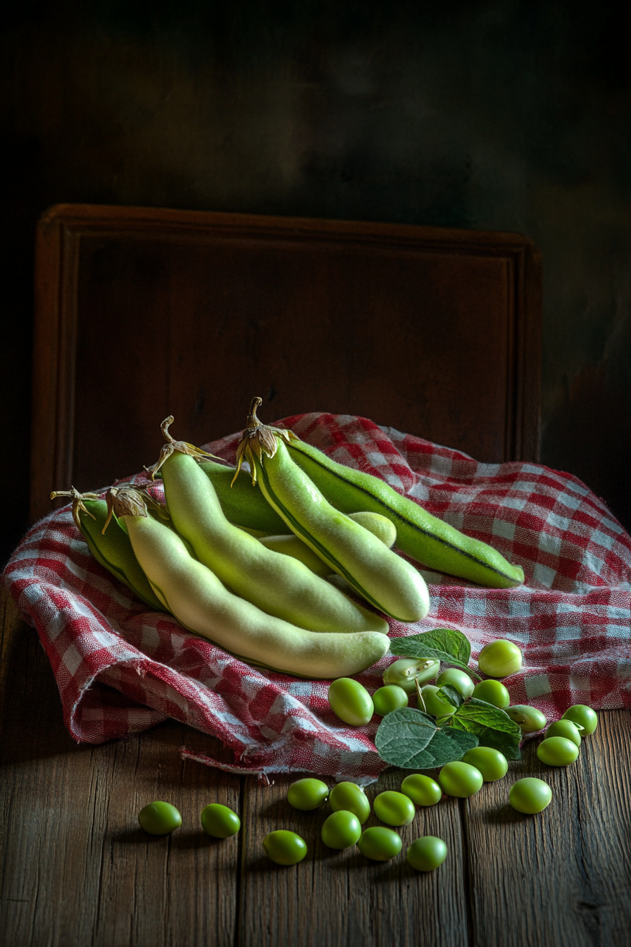 Fresh broad beans on table with fava beans.