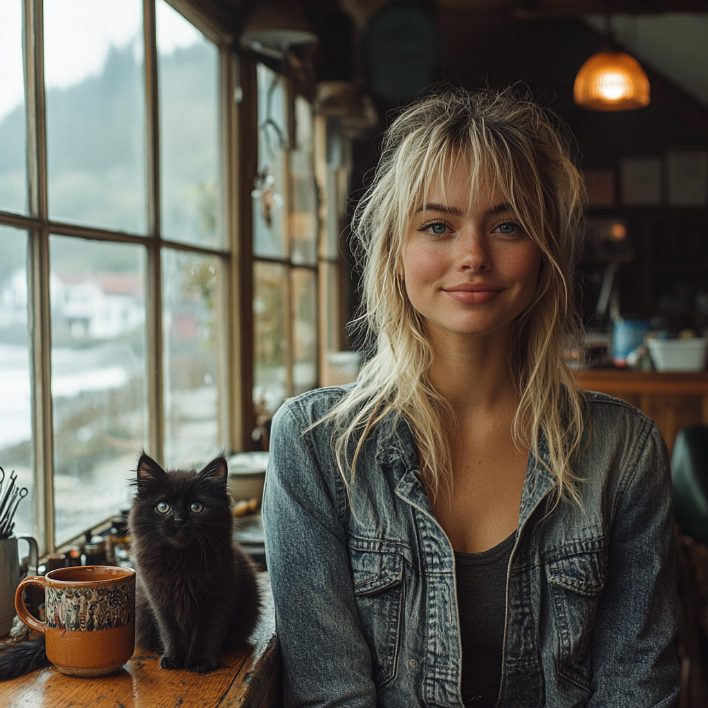 Fresh-faced woman in salon with skylights, denim, flannel.