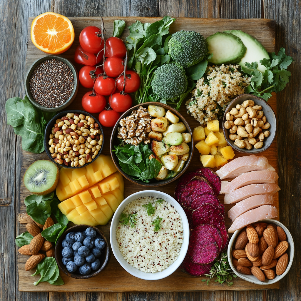 Fresh fruits and veggies displayed on wooden table setting.