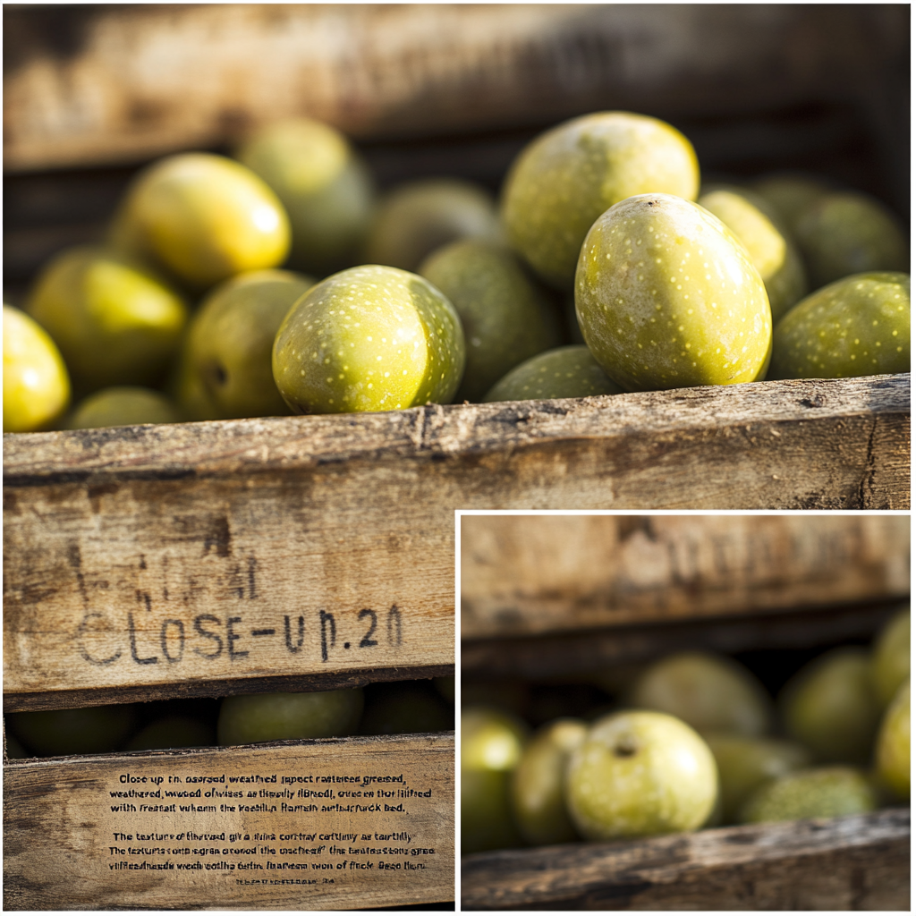 Fresh green olives in crates under golden light