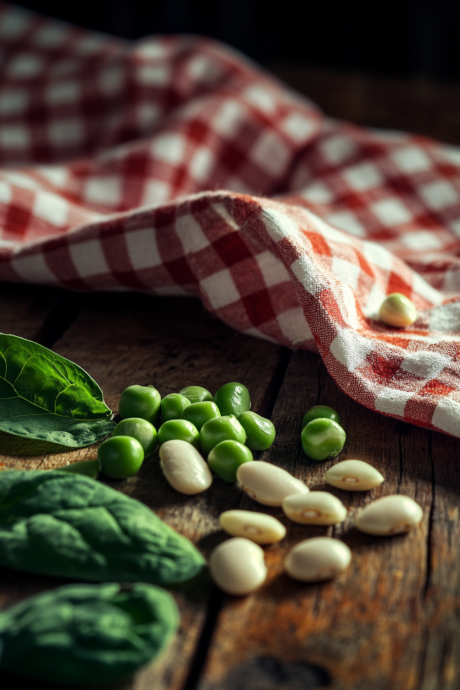 Fresh green peas and beans on table close-up.