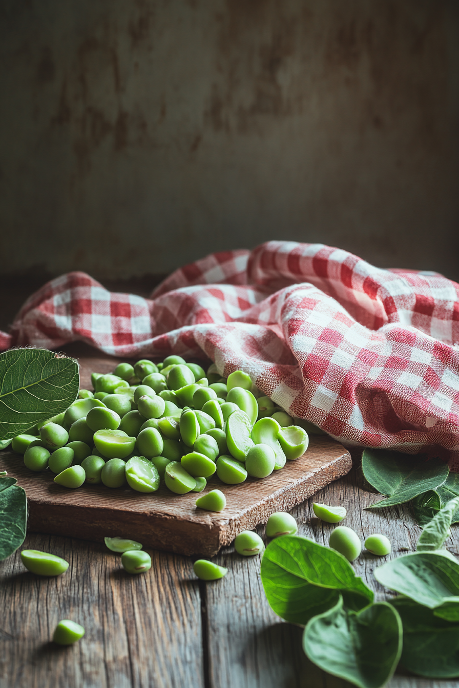 Fresh green peas and broad beans on table.