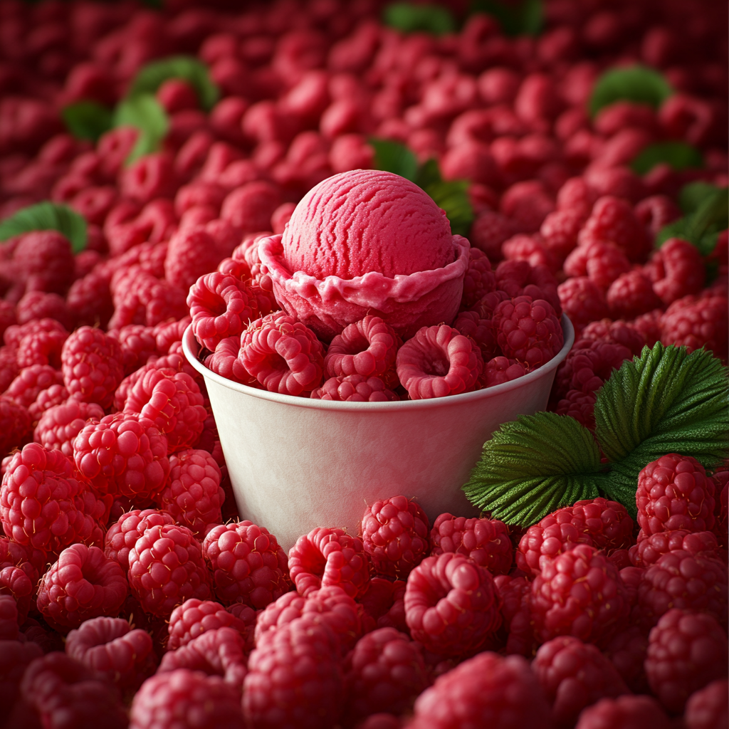 Fresh red raspberries surrounding a paper ice cream cup.