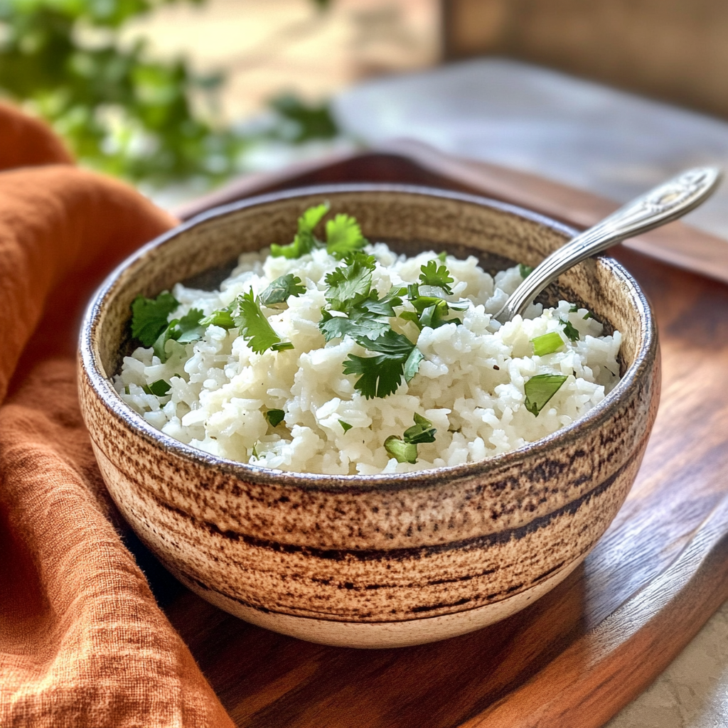 Fresh white rice with cilantro on rustic bowl